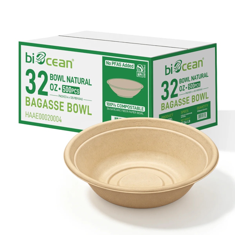 BIOCEAN 32OZ ROUND BAGASSE BOWLS 500/CS