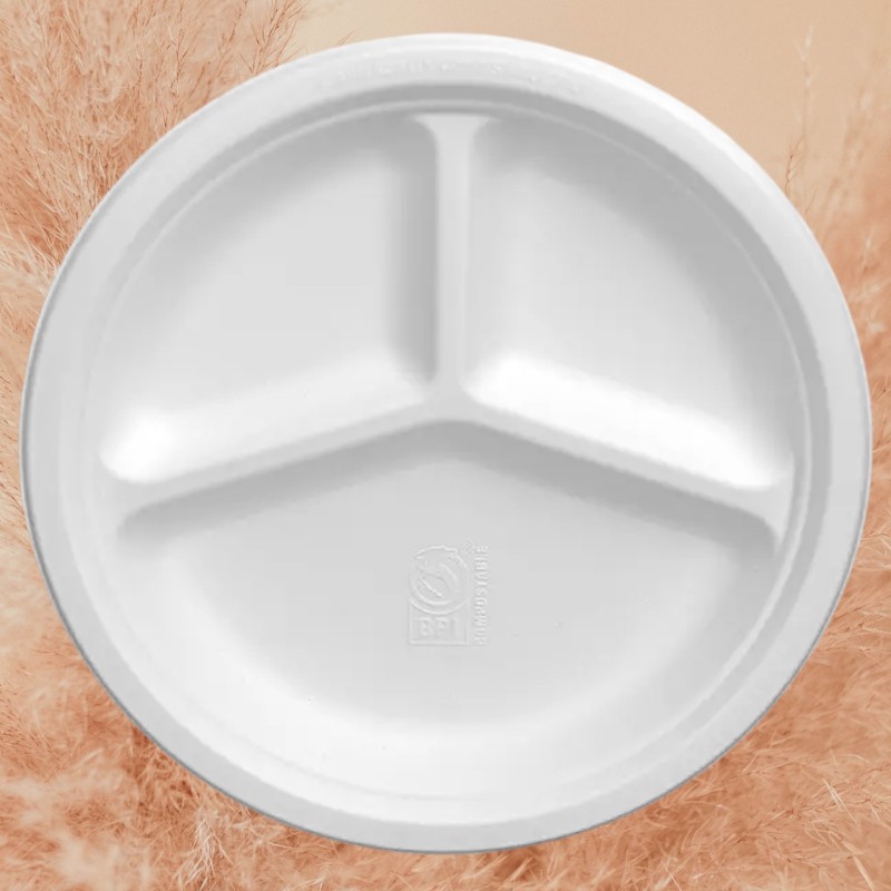 Biodegradable 9″ 3 Compartment Round Plate 500/Cs