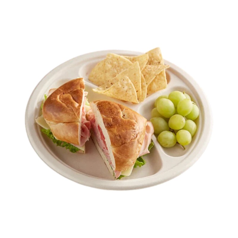 MARK Cornstarch 10″ 3 Compartments Biodegradable Round Plates 500/Cs