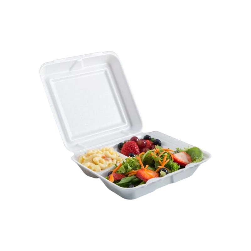 Dart 90HT3R 9X9X3 White Foam 3 Compartments Square Take Out Container with Hinged Lid – 200/Case
