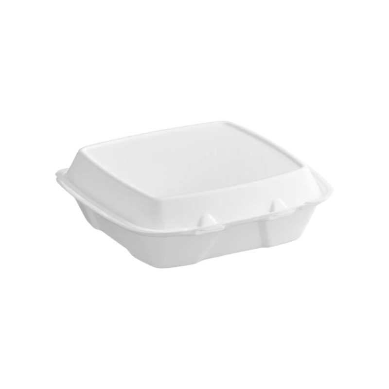 Dart 90HT1R 9x9x3 White Foam Square Take Out Container with Hinged Lid – 200/Case