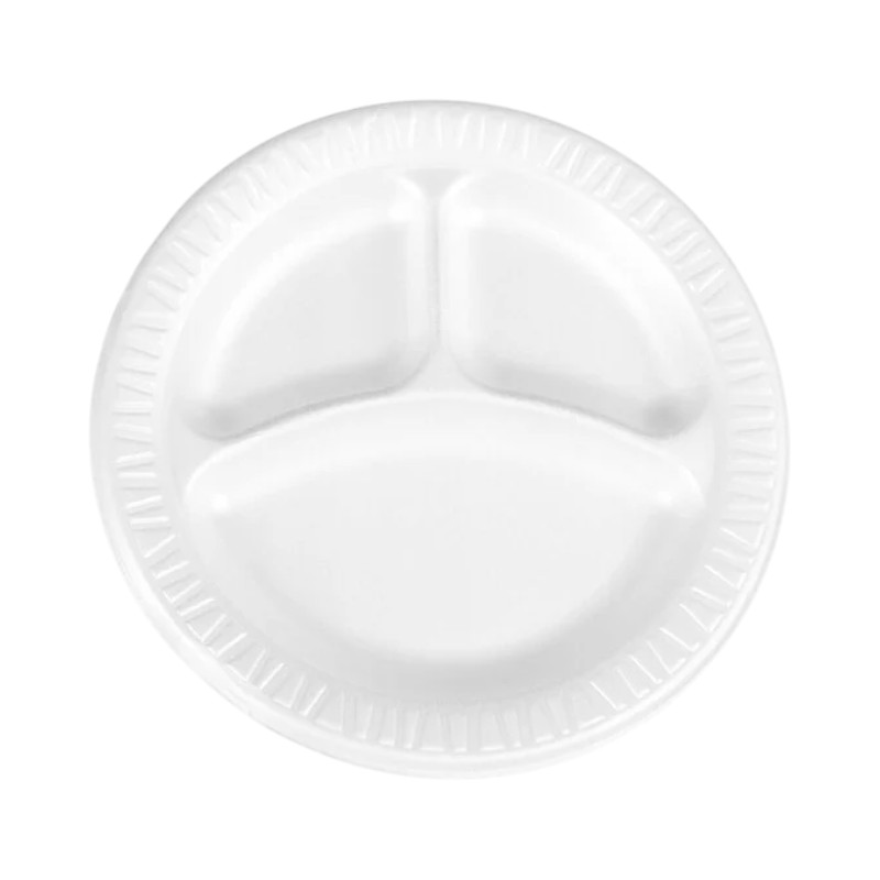 Dart 9CPWQR 9″ 3 Compartment White Laminated Round Foam Plate – 500/Case