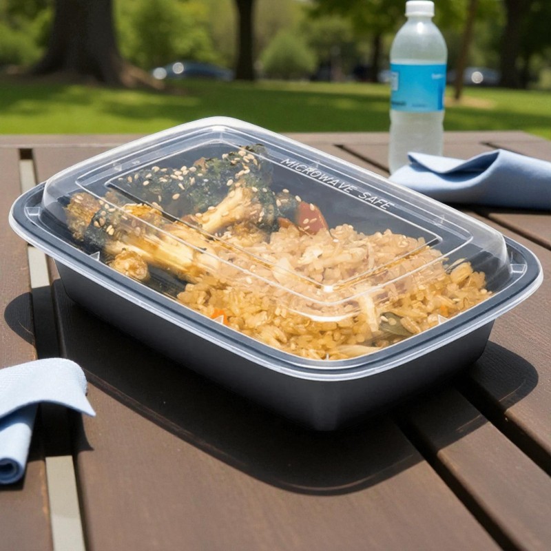 Biocean RE-38 Black Bottom Clear Top Microwavable 38oz Rectangular Container – 150/Cs