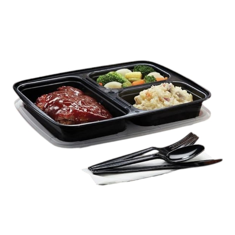 Biocean RE-3C Black 32oz Bottom with Clear Lid 3 Compartment TOGO Container – 150/CS