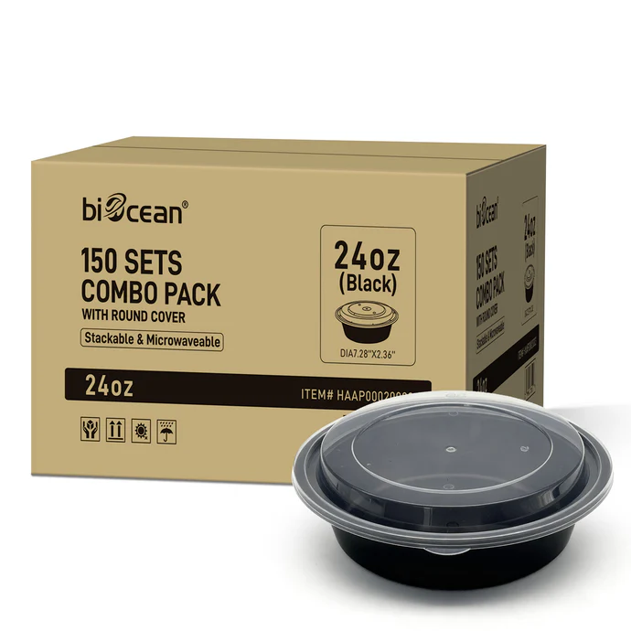 BIOCEAN Round Black Bottom Clear Top 24OZ Microwavable Container 150/Cs