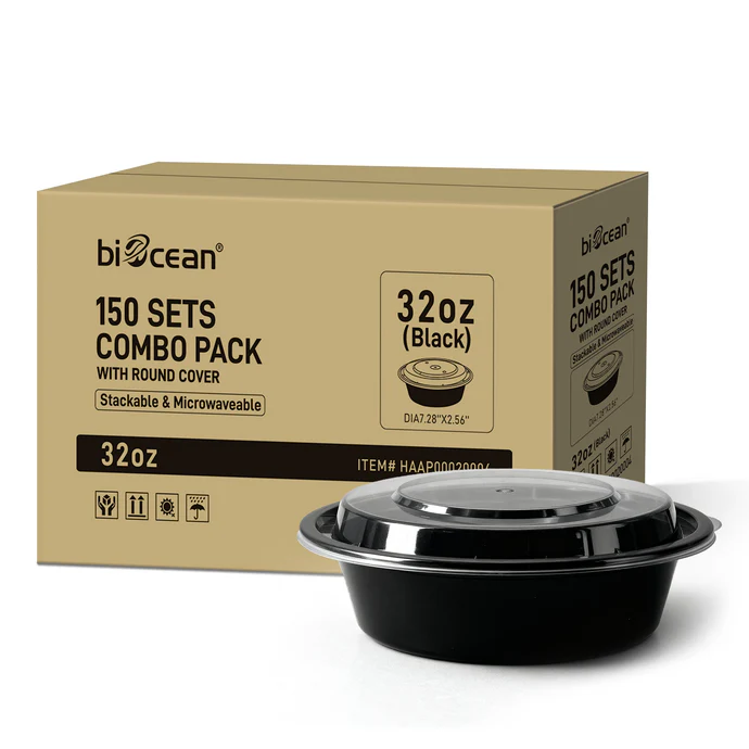 BIOCEAN Round Black Bottom Clear Top 32OZ Microwavable Container 150/Cs