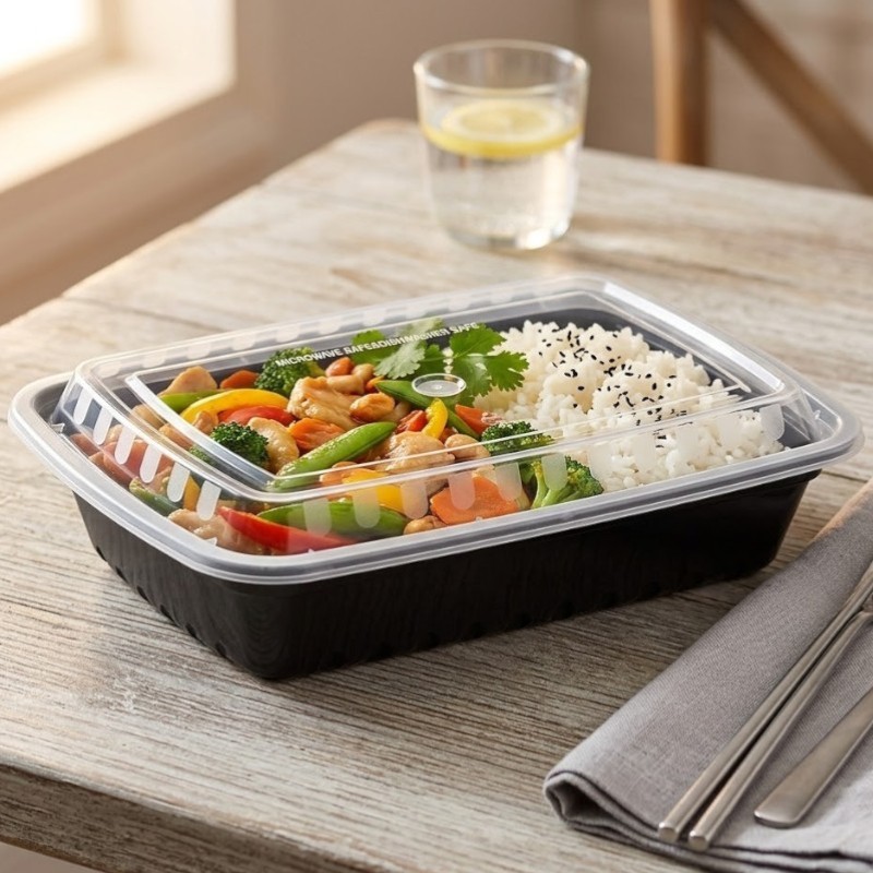 Premier RE-28 Black Bottom Clear Top Microwavable 28oz Rectangular Container – 150/Cs