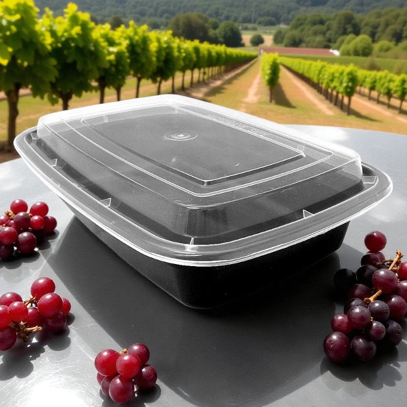 Premier RE-32 Black Bottom Clear Top Microwavable 32oz Rectangular Container – 150/Cs