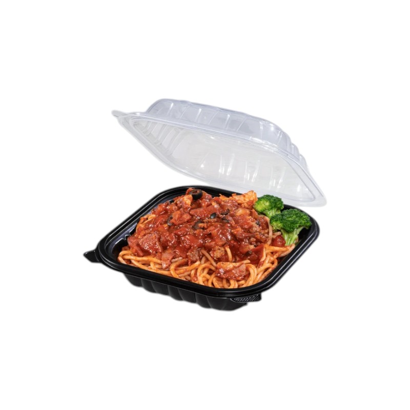 Premier 8x8x3 PP Hinged Food Containers 1-Compartment Clear/Black 150/cs