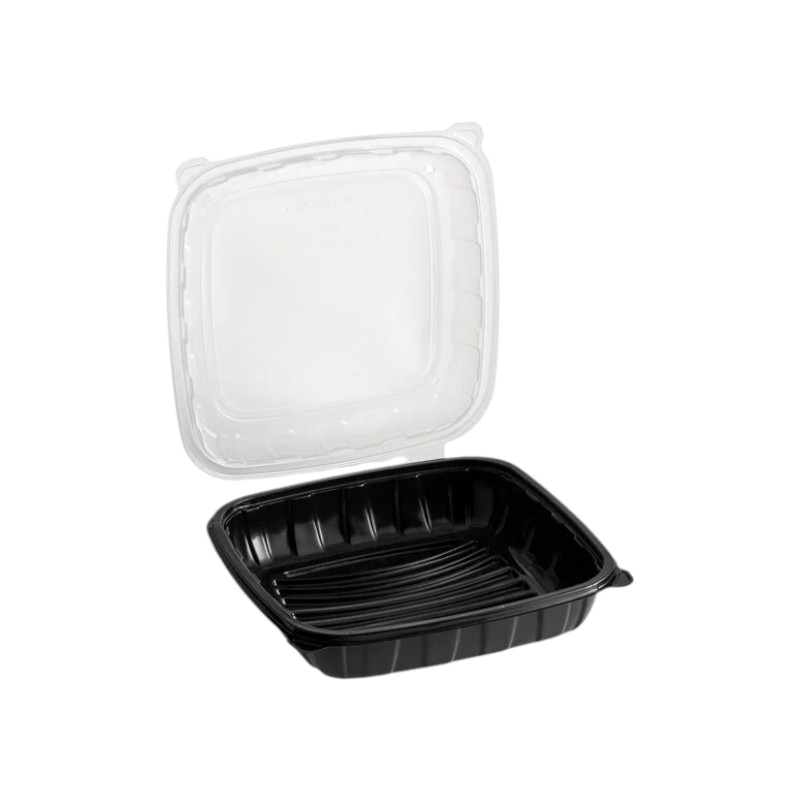 Premier 9x9x3 PP Hinged Food Containers 1-Compartment Clear/Black 100/cs