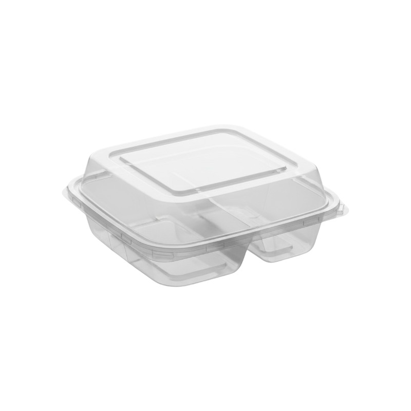 Genpak Clover 8″ x 8″ x 3″ 3-Compartment Microwavable Clear Plastic Hinged Container – 150/Case